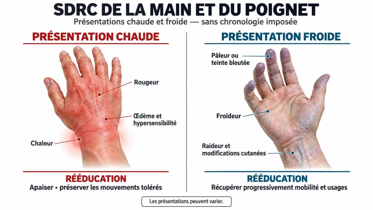 Rééducation algodystrophie main : schéma des phases chaude et froide du SDRC