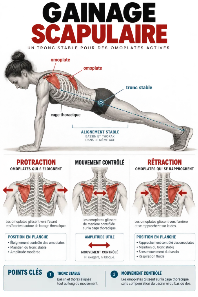 Schéma pédagogique du gainage scapulaire et du contrôle des omoplates sur un tronc stable