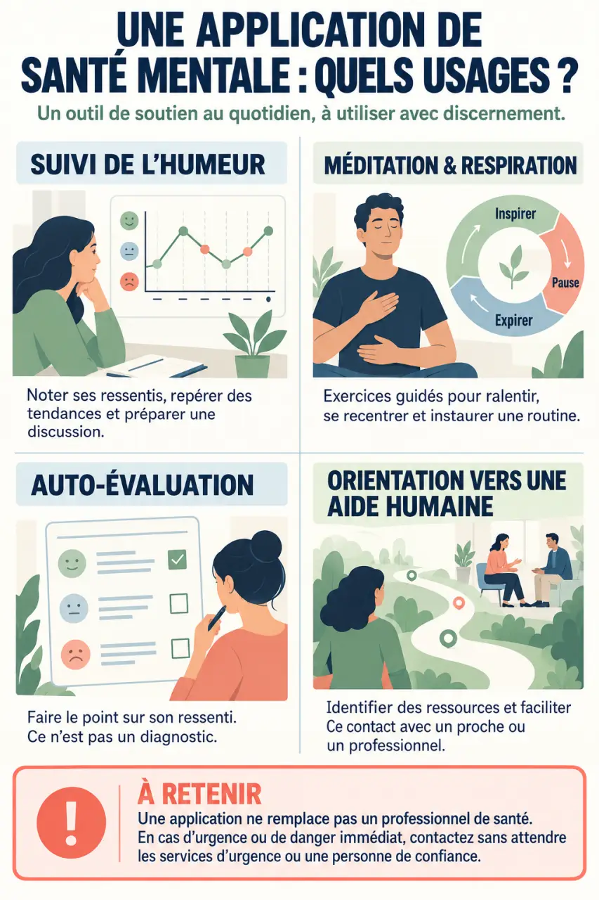 Application santé mentale : infographie des usages, limites et orientation vers une aide humaine