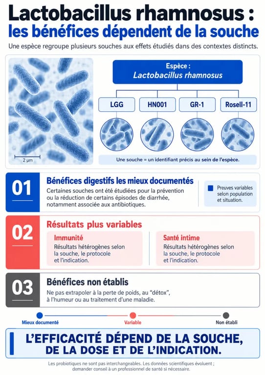 Infographie scientifique sur les bienfaits de Lactobacillus rhamnosus, ses souches et leur niveau de preuve