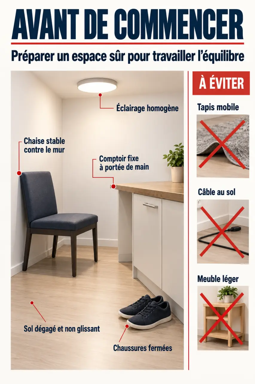 Sécurité avant les exercices d equilibre à domicile avec chaise stable