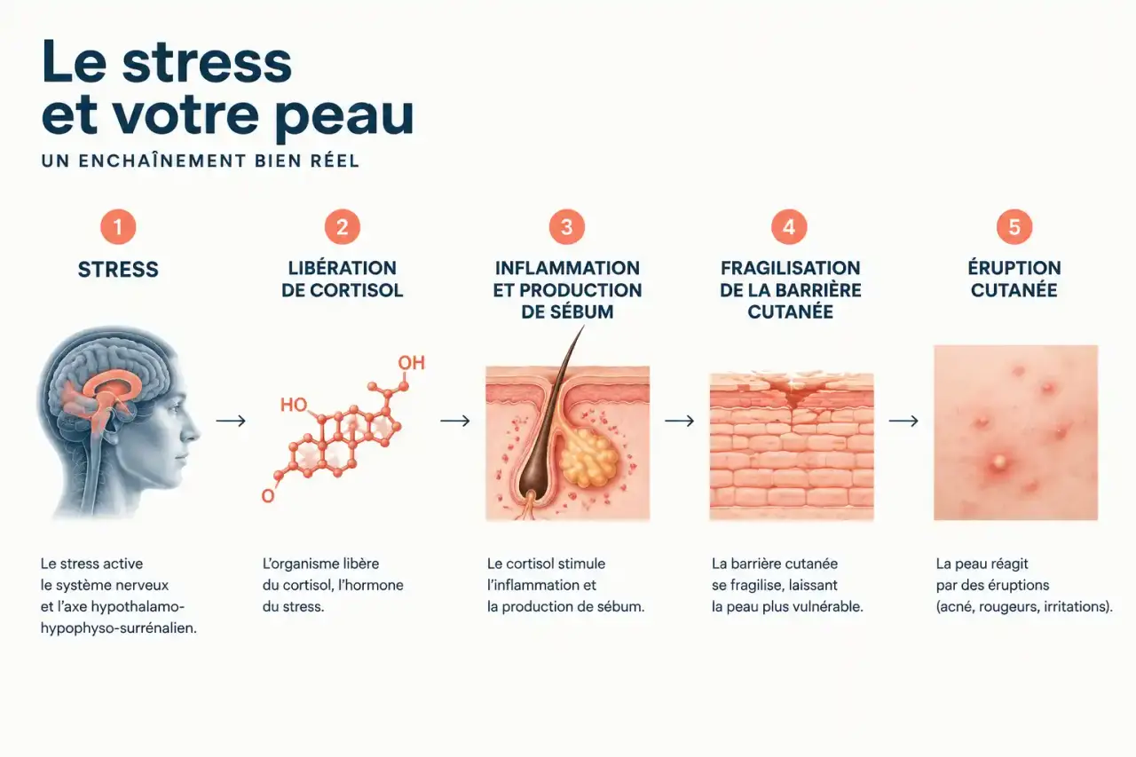 Schéma expliquant comment le stress provoque une éruption cutanée via le cortisol, l'inflammation et la barrière cutanée