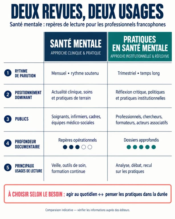 Infographie comparative de deux revues de santé mentale : Santé Mentale et Pratiques en Santé Mentale
