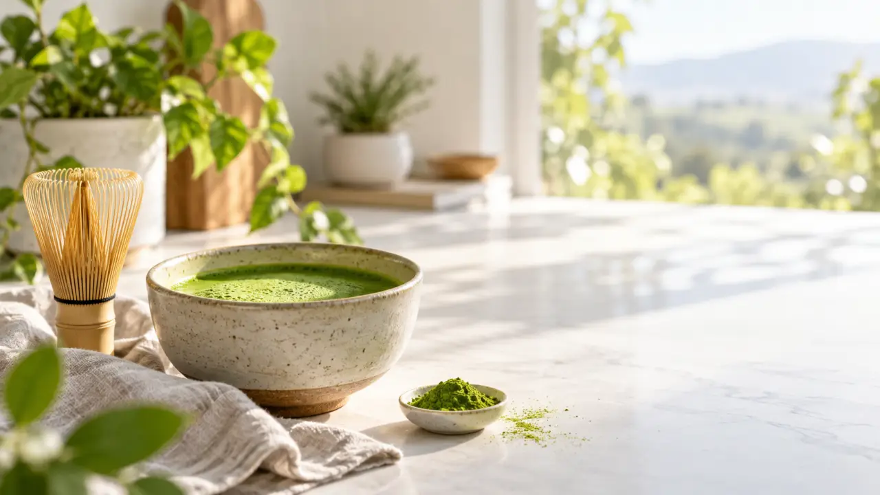Bol de matcha et fouet traditionnel dans une ambiance lumineuse et apaisante