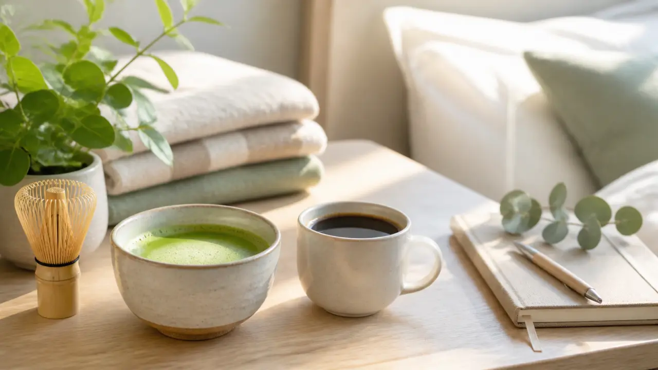 Tasse de matcha et tasse de café dans une ambiance douce et lumineuse