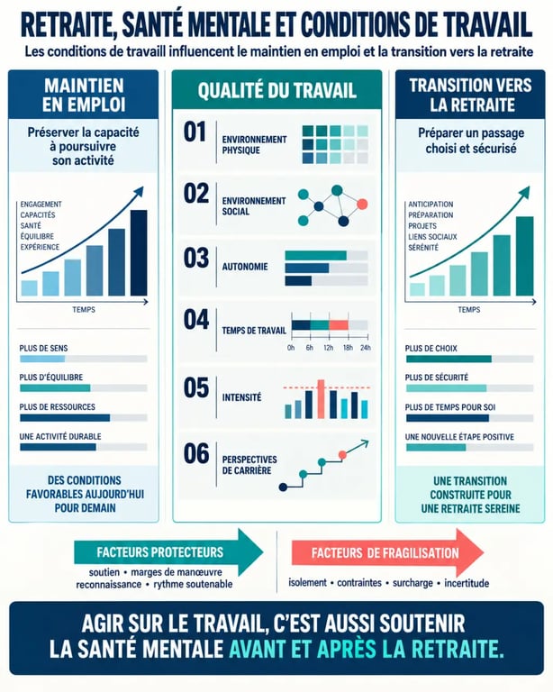 Infographie sur la retraite, la santé mentale et les conditions de travail