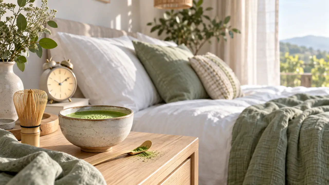 Bol de matcha et fouet traditionnel sur une table claire