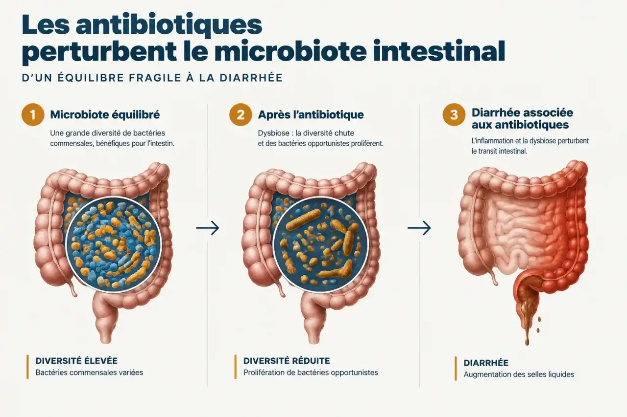 Antibiotique et probiotique : schéma de la dysbiose intestinale, des bactéries commensales aux bactéries opportunistes et à la diarrhée