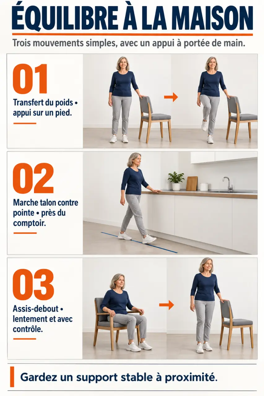 Exercices d equilibre à domicile avec chaise stable et postures correctes