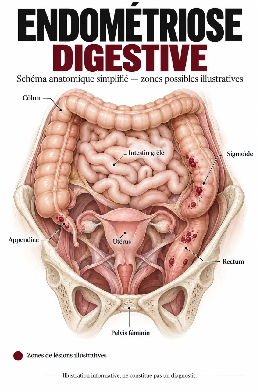 Schéma anatomique des localisations possibles de l’endométriose digestive