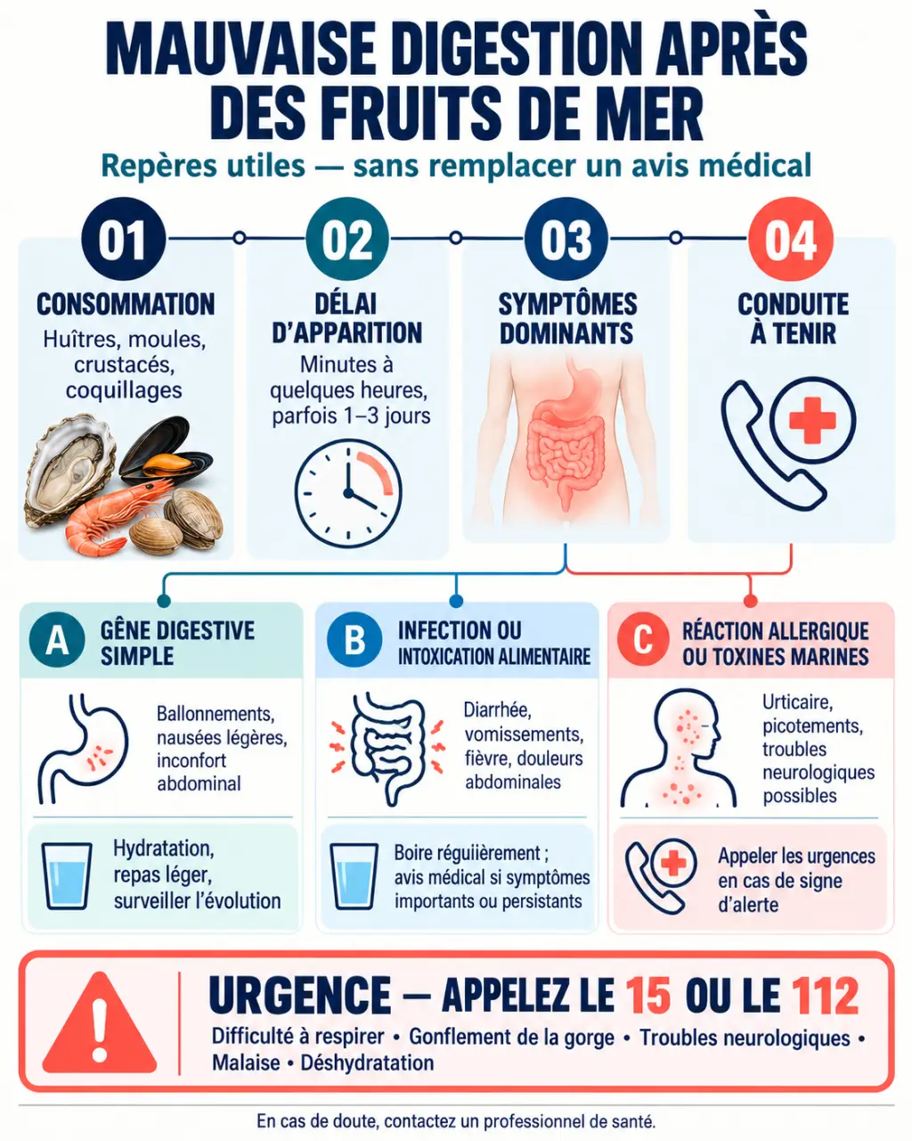 Infographie sur la mauvaise digestion après des fruits de mer, les délais, les symptômes et les signes d’urgence