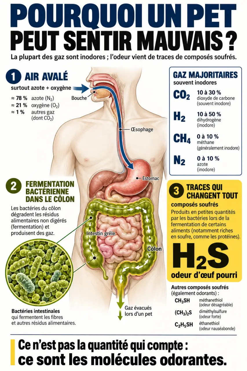 Schéma expliquant la cause d’un pet qui pue et le rôle de la fermentation intestinale