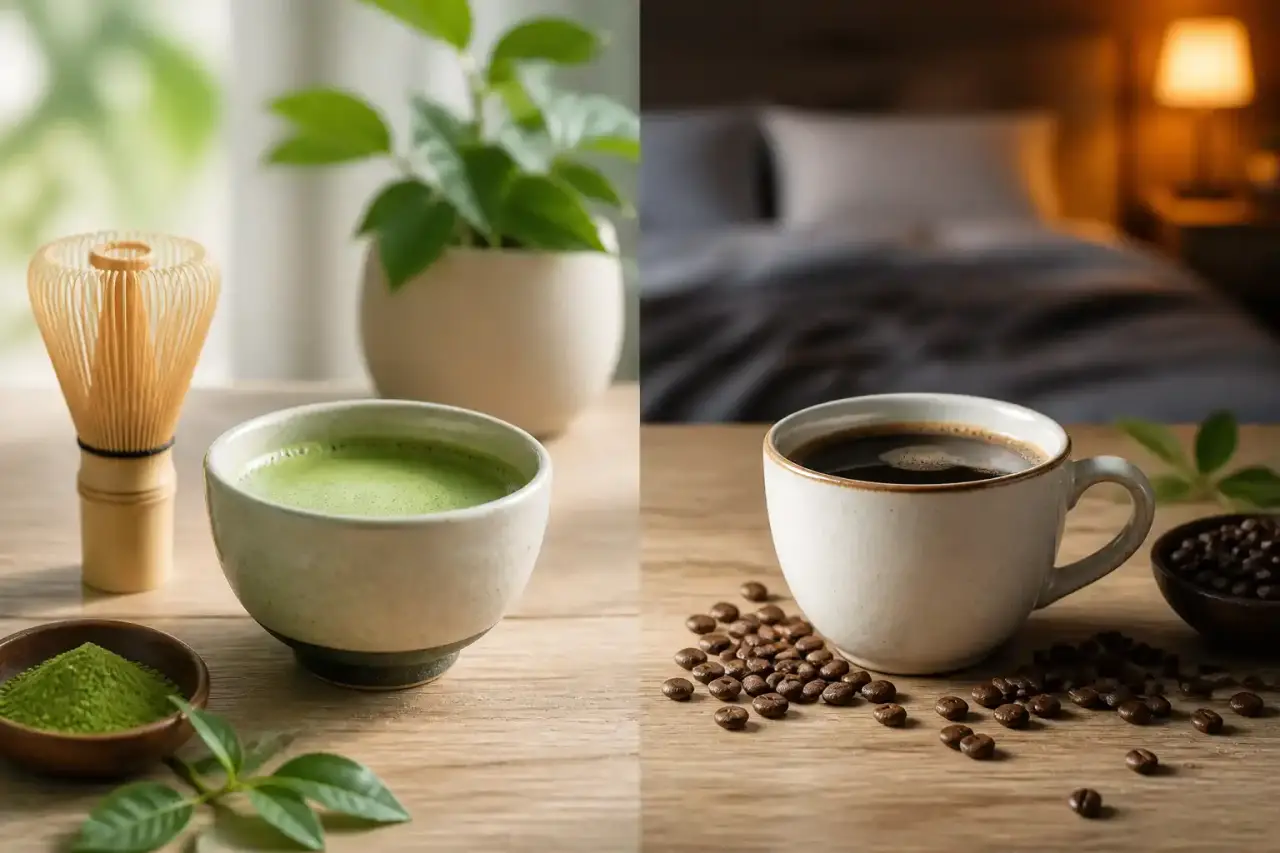 Tasse de matcha et tasse de café dans une ambiance lumineuse et apaisante