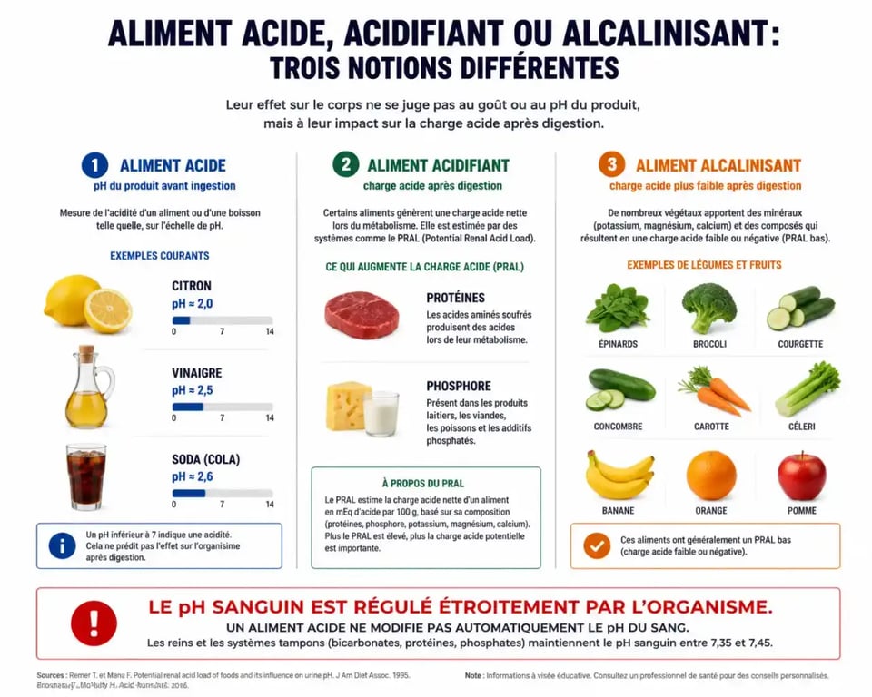 Infographie sur les aliments acides, acidifiants et alcalinisants et la différence entre pH et PRAL