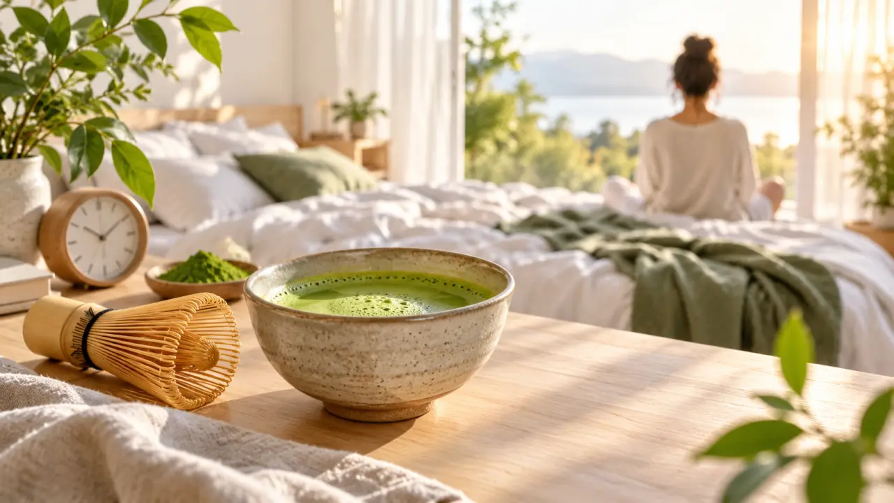 Bol de matcha et tasse de boisson chaude dans une ambiance apaisante