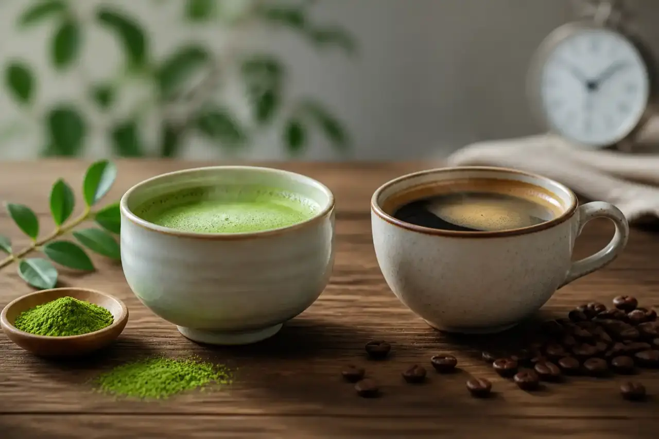 Une tasse de thé matcha vert vibrant à côté d'une tasse de café noir fumant, ambiance matinale lumineuse et sereine
