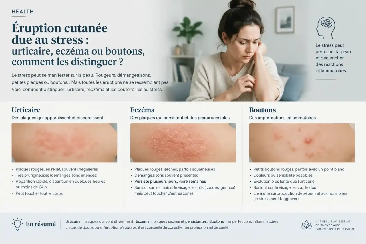 Éruption cutanée due au stress : urticaire, eczéma ou boutons, comment les distinguer