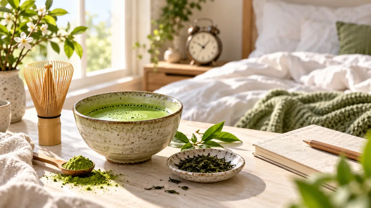 Bol de matcha et fouet traditionnel dans une ambiance douce du matin