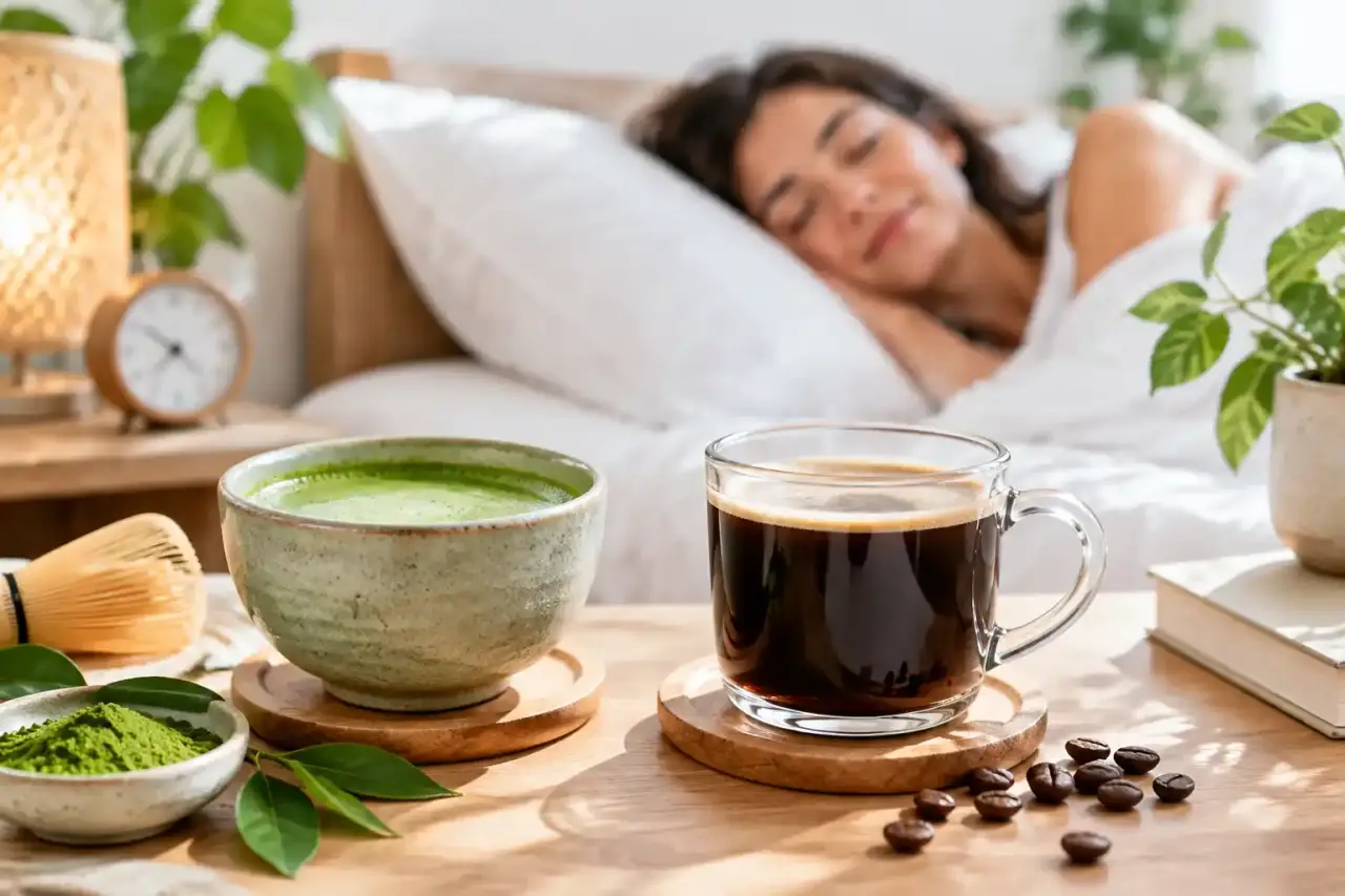 Tasse de matcha et tasse de café posées dans une ambiance douce et naturelle