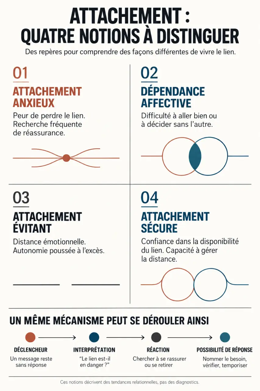 Infographie sur l'attachement anxieux et ses différences avec l'attachement évitant, sécure et la dépendance affective