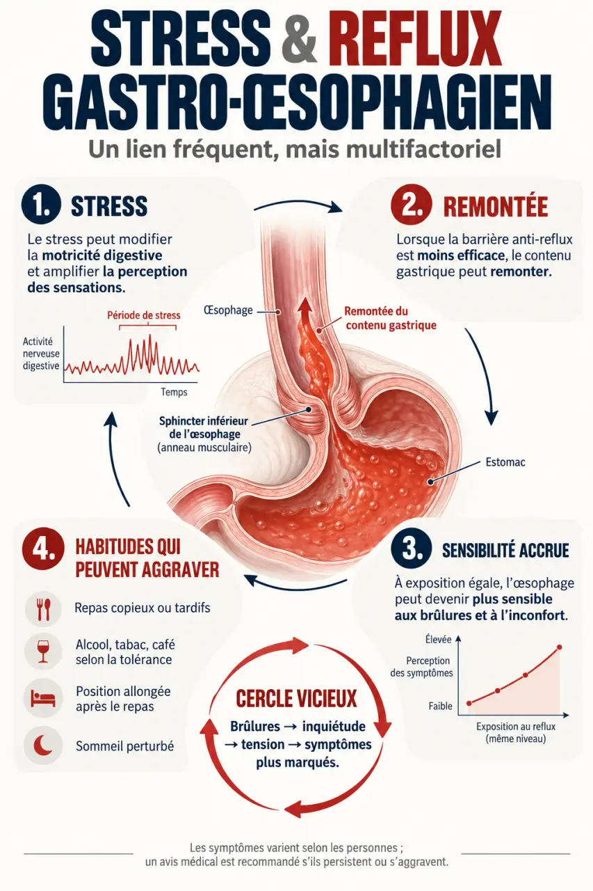Schéma explicatif du reflux gastrique lié au stress et du cercle vicieux des symptômes