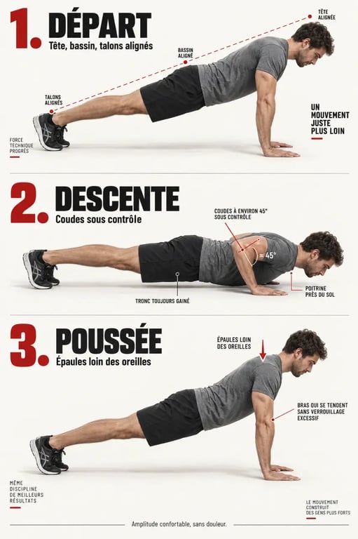Illustration des étapes d’une pompe, un exercice pour pectoraux avec placement et amplitude maîtrisés