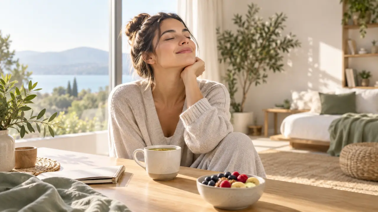 Espace de repos lumineux et apaisant évoquant un sommeil de qualité